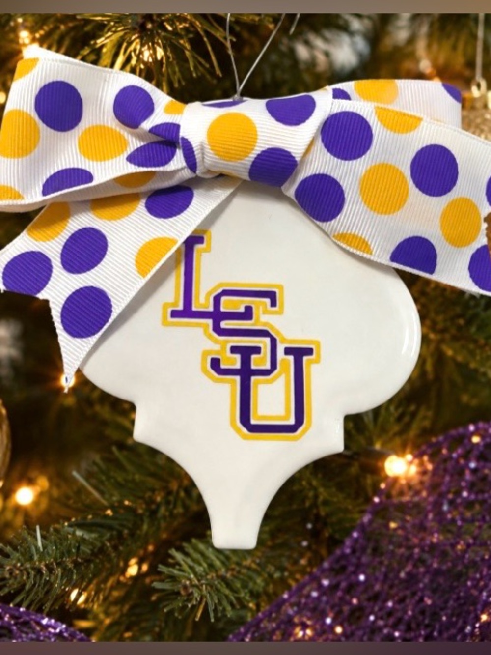 LSU Tigers Ceramic Christmas Ornament Purple Gold Bow Handmade Fan Holiday Decor